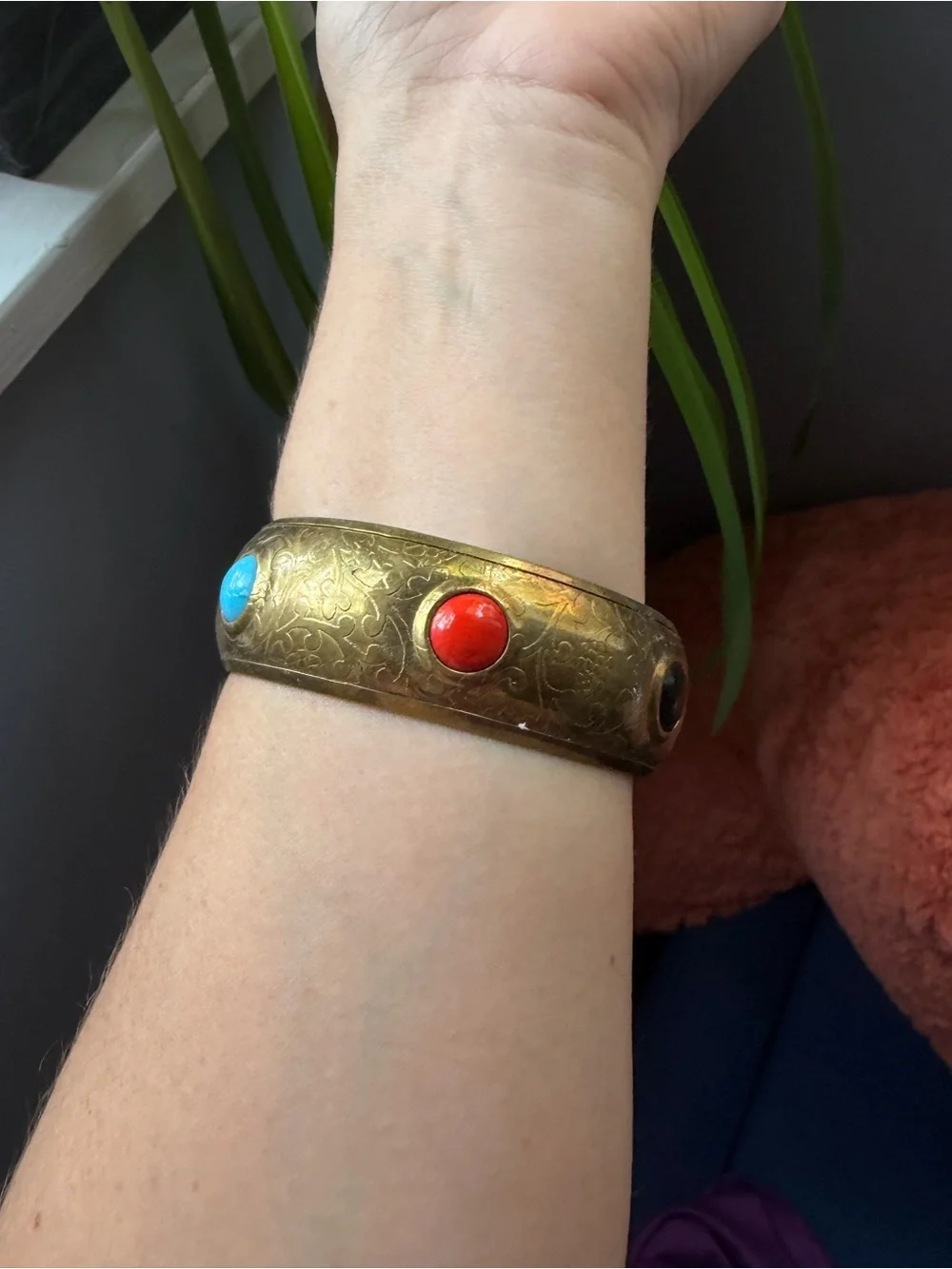Vintage-Inspired Brass Bangle with Red, black, and Turquoise Cabochons